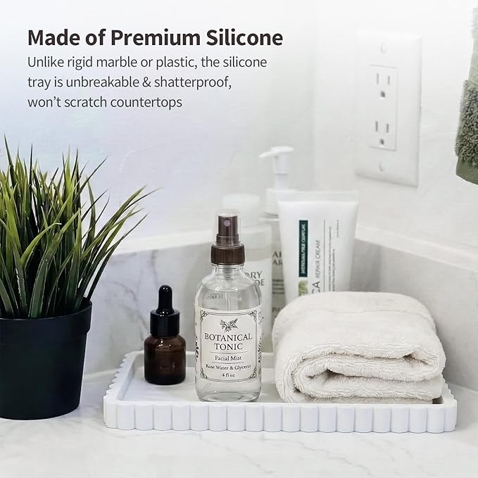Silicone Bathroom Vanity Tray, Sink Caddy for Dish Soap Dispenser, Sponge Holder for Kitchen Sink, Rectangle Bathroom Countertop Organizer for Perfume, Jewelry, Candle (9.9” * 6”, White)