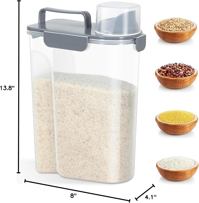 TBMAXS Rice Storage Container 10 Lbs, Airtight Food Dispenser with Large Spout and Cup for Pet Dog Cat Food Storage 7 Lbs | Portable Bird Seed Dispenser Cat Food Containers with Large Pour Spout for Travel Cereal Oatmeal Holder with Measuring Cup