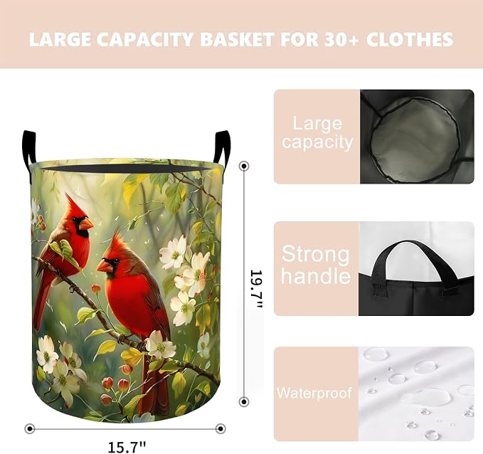 Red Cardinal Bird Laundry Basket Hamper 19.7"x15.8", Organizer Bins Gifts for Kids Boys Girls, Wildlife Foldable Waterproof Oxford Clothes Storage Bucket for Bedroom Bathroom Decor