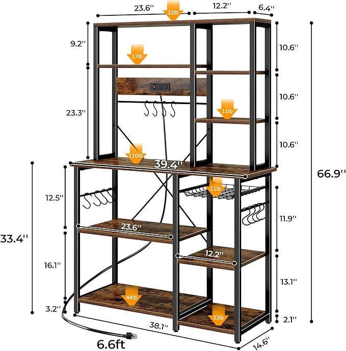 SUPERJARE Large Bakers Rack with Power Outlets, 6-Tier Microwave Stand, Coffee Bar with 12 S-Shaped Hooks, Kitchen Shelf with Wire Basket, 39.4 x 14.6 x 66.9 Inches, Rustic Brown