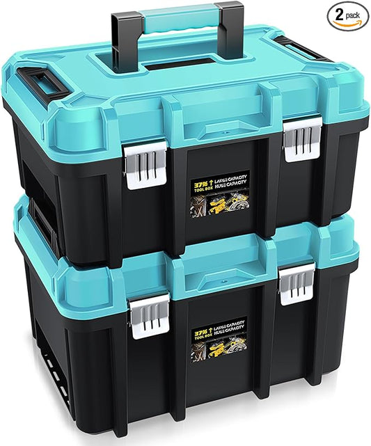 Auto Dynasty 17-Inch Tool Box, 2Pcs Toolboxes Organizer Storage with Removable Tray and Portable Handle for Garage Workshop Home Office Car Trunk, Blue