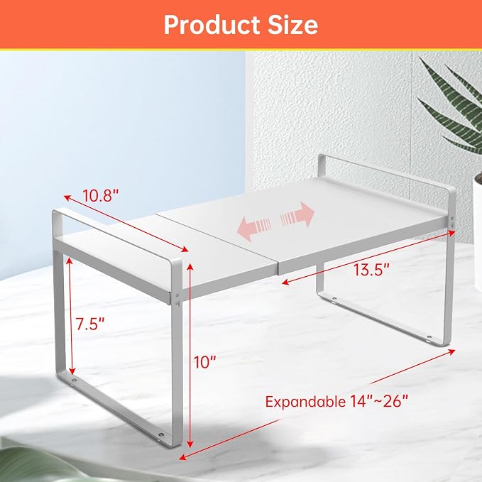 Expandable Cabinet Shelf Organizer for Kitchen 11", White (2 Pack) | Expandable 14-25" Metal Countertop Organizer for Kitchen, , Fits Pantry, Over Sink, Spices, Microwave & Dishes