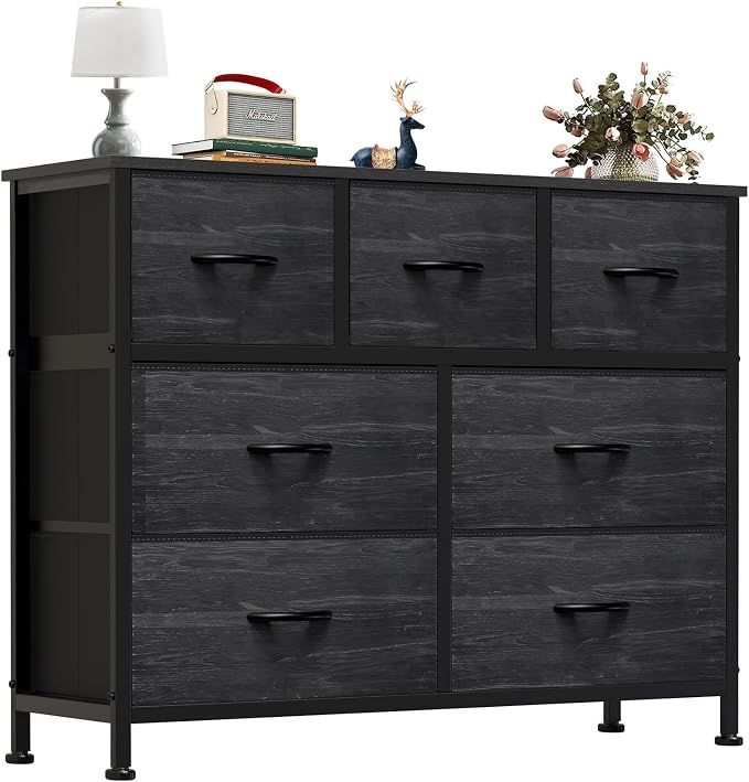 OLIXIS 7 Drawer Closet Organizer, Storage Tower with Sturdy Steel Frame | Dresser for Bedroom, Wooden Top & Easy Pull Fabric Bins, Clothes Organization, Living Room, Black Wood Grain