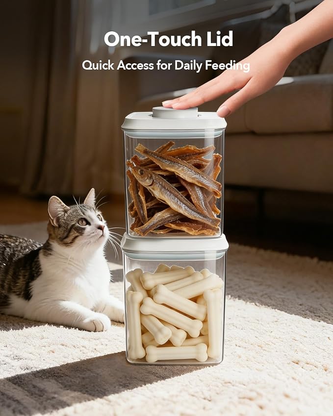 Dog Food Storage Containers Set with One-Touch Lid, (2 × 4.22 QT / 4.0 L) BPA-Free Cat Food Storage Container，Stackable Durable PET with 130ml Scoop, for Kibble & Treats Organization
