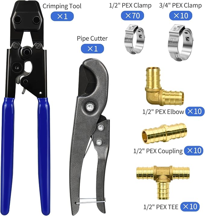 PEX Cinch Clamp Tool Kit, 3/8" to 1" PEX Pipe Clamp Cinch Tool Set | with 30 pcs 1/2" Brass PEX Fittings Combo, 1pcs Pipe Cutter, 70 pcs 1/2" PEX Cinch Clamps, 10pcs 3/4" PEX Cinch Clamps