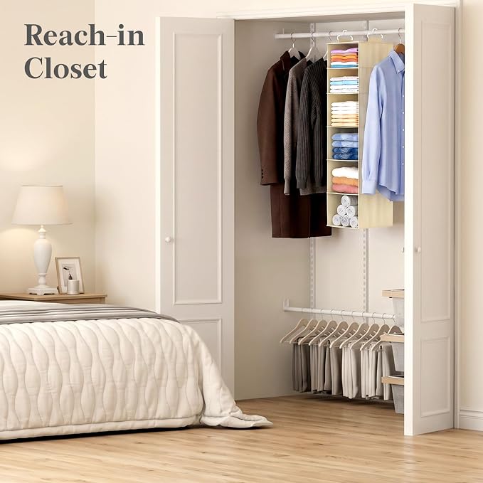 Lifewit 6 Tier Hanging Closet Organizer and Storage for Shelves, 1 Pack Foldable Clothes Shelf with 2 Sturdy Hooks, Sweater/Coat/Shoes Clothing Organization for Wardrobe, Dorm, Bedroom, Beige