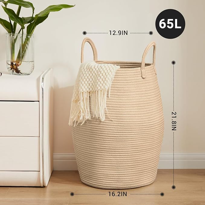 Extra Large Laundry Hamper Basket 105L Woven Blanket Basket, Jute Brown | Tall Clothes Hamper, Rope Wicker Laundry Basket, Storage Basket for Toys, Dirty Cothes in Bedroom, Living Room Organizer