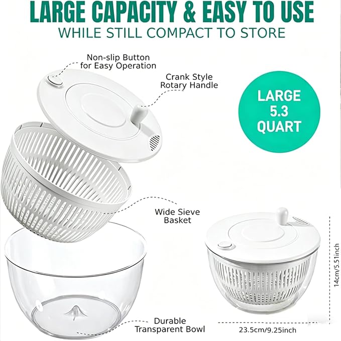 Ceruaxb Salad Spinner Chopper Large with 5 Blades Slicer, Vegetables Fruits Wash Bowl, Lettuce Spinner and Dryer, Egg Yolk Strainer Slicer Shredder for Kitchen Colander, 5.3 Qt, White