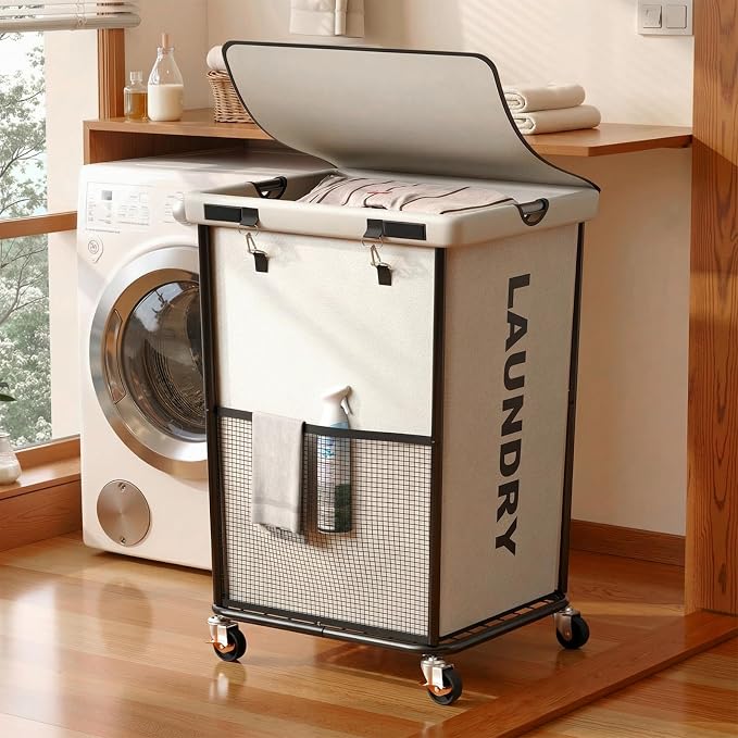 Laundry Hamper with Wheels and Lid, 150L Large Rolling Laundry Basket White | Heavy Duty Clothes Organizer, Sturdy Metal Frame, Lockable Swivel Casters, Removable Bag, For Bedroom, Bathroom, Laundry Room