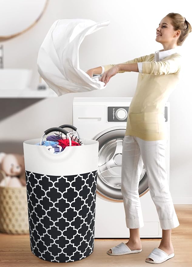 Large Laundry Basket, 82L Tall Collapsible Hamper with Handles, Black | Freestanding Laundry Hamper, Waterproof Dirty Clothes Storage Bag for College, Bathroom, Foldable Washing Bin for Travel