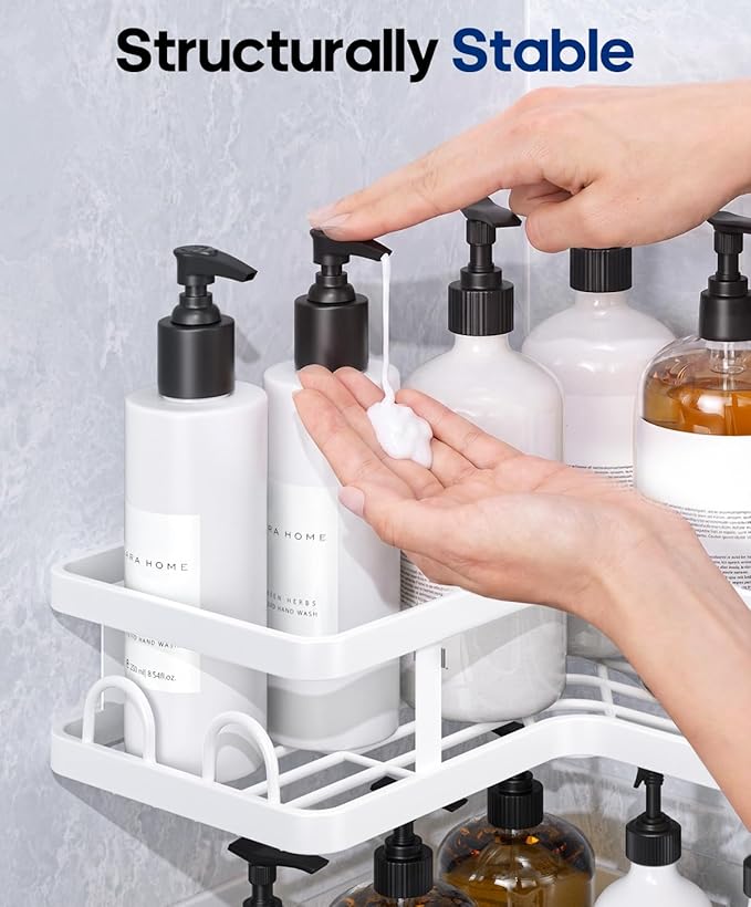 3 Pack Corner Shower Shelves, Rustproof Shower Organizer Caddy | No Drilling Shower Organizer Corner Exclusively for 90 Degree Right-Angle Walls with Hooks and Toothpaste Holder, White