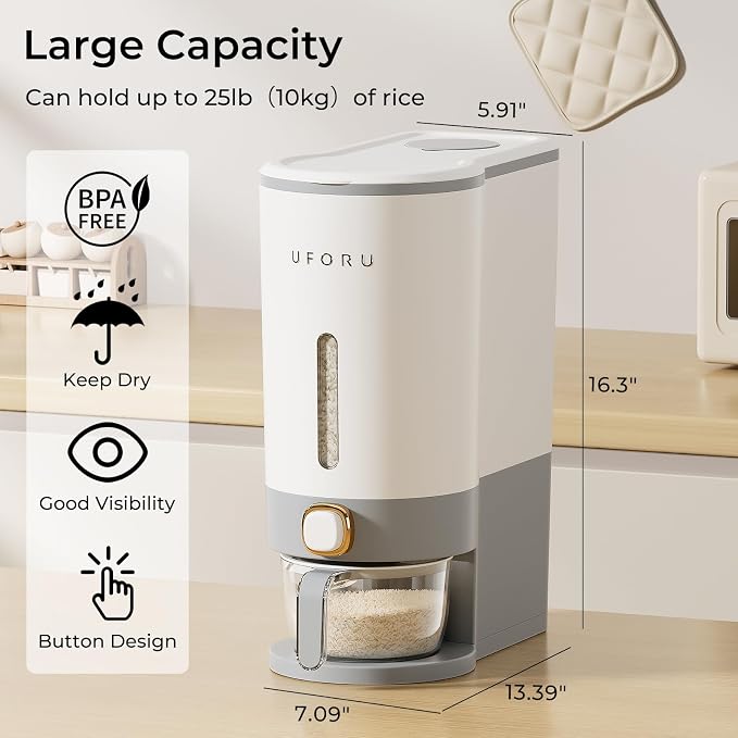 UFORU Rice Dispenser, Rice Storage Container with Measuring Cup for Kitchen Pantry Household, Cereal Dry Food Storage Containers Airtight, Sealed Moisture Proof, (Gray 23-25Lbs)