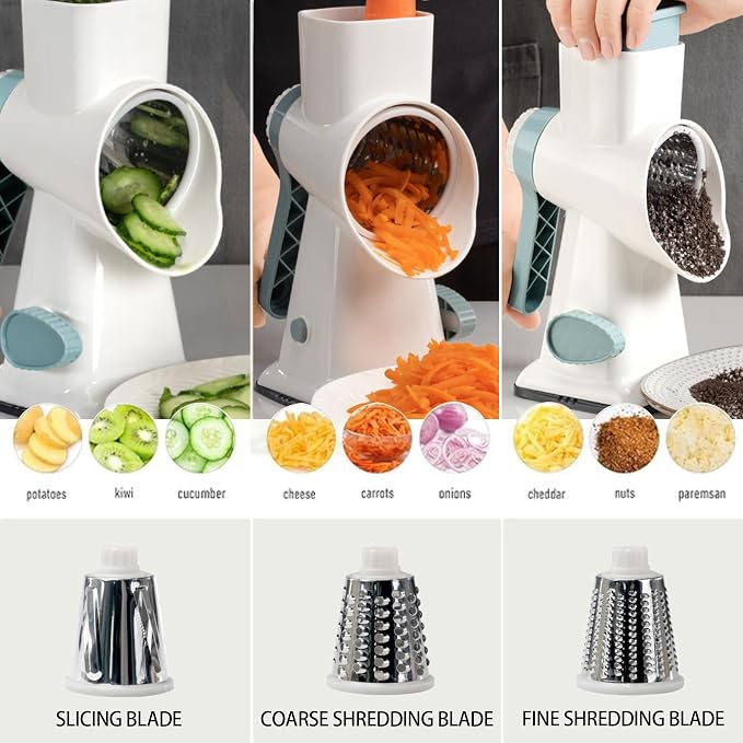 Cheese Grater Hand Crank Rotary Vegetables Shredder with Handle | 3-in-1 Graters, Interchangeable Blades, Non-slip Base, Multifunctional Slicer