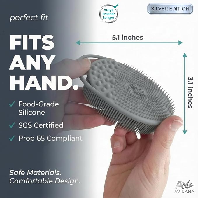 Avilana Silicone Body Scrubber for Shower – SGS Certified Food Grade Dual Sided Bath Brush, Gentle Exfoliating Silicone Loofah Alternative, Sensitive Skin Body Brush (Gray-Silver, Exfoliate)