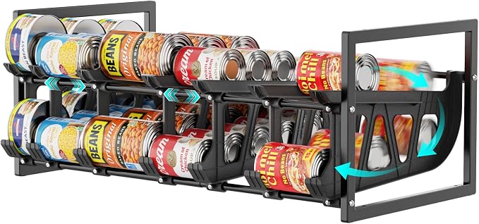 iSPECLE Can Organizer for Pantry - Auto-Rolling, Expands to Hold 60 Cans | Stackable For Walk-in Deep Pantry Shelve, Adjustable Width for Food Cans, Sturdy Metal Frame, Easy Access & Restocking, Black