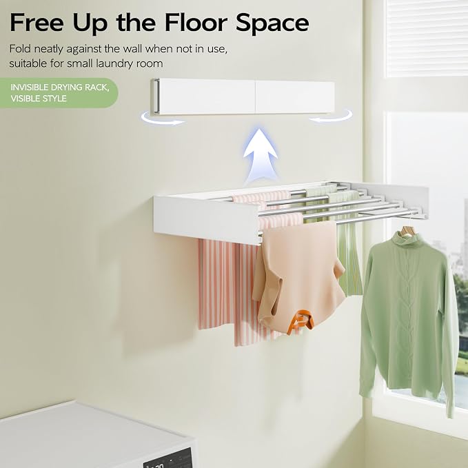 Vikaqi Wall Mounted Clothes Drying Rack 32", Foldable Wall Laundry Rack | Collapsible Drying Rack Clothing Folding Indoor, Hidden Space Saver with Wall Template, 5 Rods, White