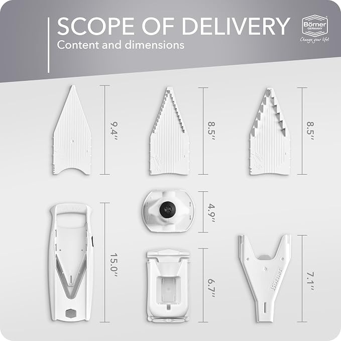 Börner Mandoline Slicer V5 (Professional Set) • Adjustable Vegetable Slicer (7-piece) • 10 Cutting Styles • Kitchen Slicer incl. Docking Station • Stainless Steel V-Blade • Color: White