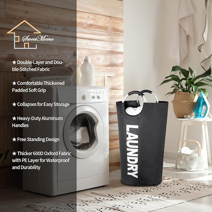 Large Laundry Basket, Laundry Hamper Bag with Handles, 115L Black | Freestanding Tall Dirty Clothes Hamper, Collapsible and Portable Laundry Bin for Dorms and Bedrooms, Thick, Sturdy Fabric