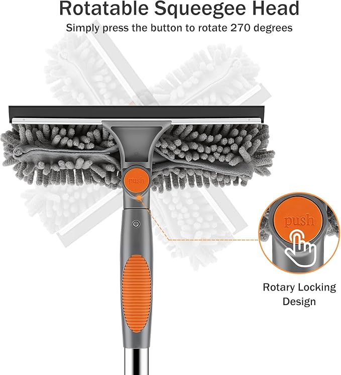 SetSail Window Squeegee with Extension Pole 2-in-1 Window Cleaning Kit Professional Window Cleaner Tool with Rotatable Head and 2 Scrubbers for Outdoor Indoor Car Windows Glass, Grey Orange