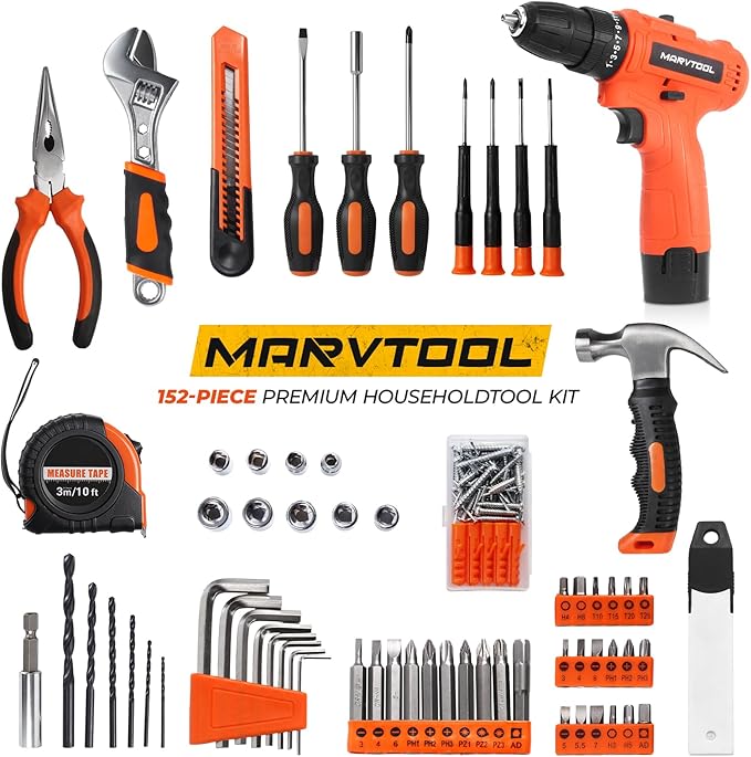 152 Piece Tool Set, Tool Box with 12V Cordless Drill, Home Repair Hand Tool Kit, General Household Drill Set for Homeowner, DIY, Handyman, Women