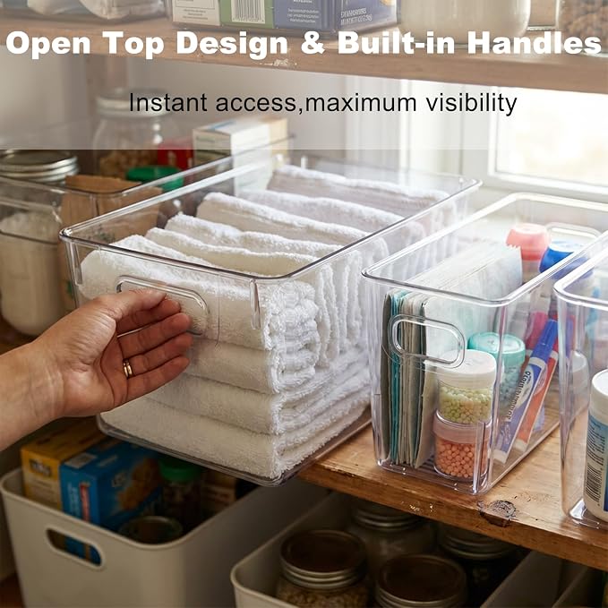 MOONEDGE Set of 12 Clear Plastic Storage Organizer Bins, 4 Large & 8 Small | Under-Sink Storage Containers, Bathroom, Kitchen, Fridge, Cabinet Organization, Clear Bins for Organizing, Small Storage Bins