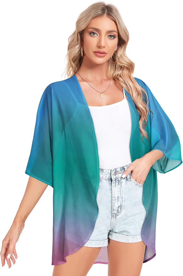 Women Kimono Cardigans Summer Cover Up Hawaiian Shirts Floral Print Tops | ROSEMIA chiffon kimono open front cardigans, beach cover ups, daily casual tops, cruise outfits, summer resort wear