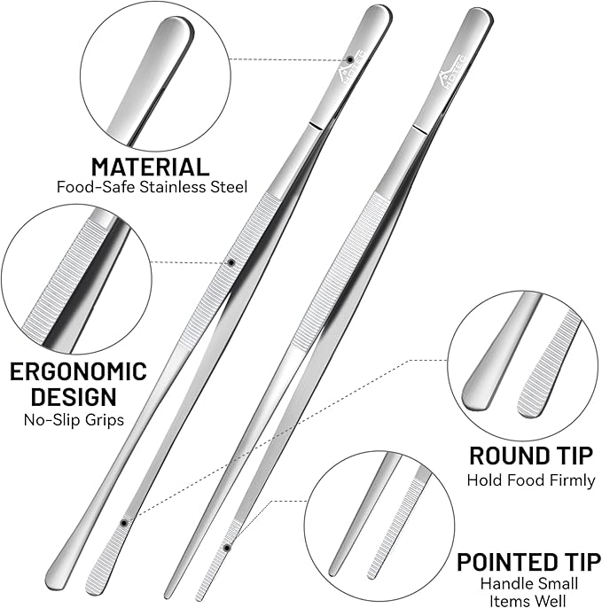 HOTEC Kitchen Tweezers Tongs Stainless Steel, Set of 4-10" and 12inch Extra-Long Food Tweezers Fine Kitchen Tongs for Cooking,Grill and Baking