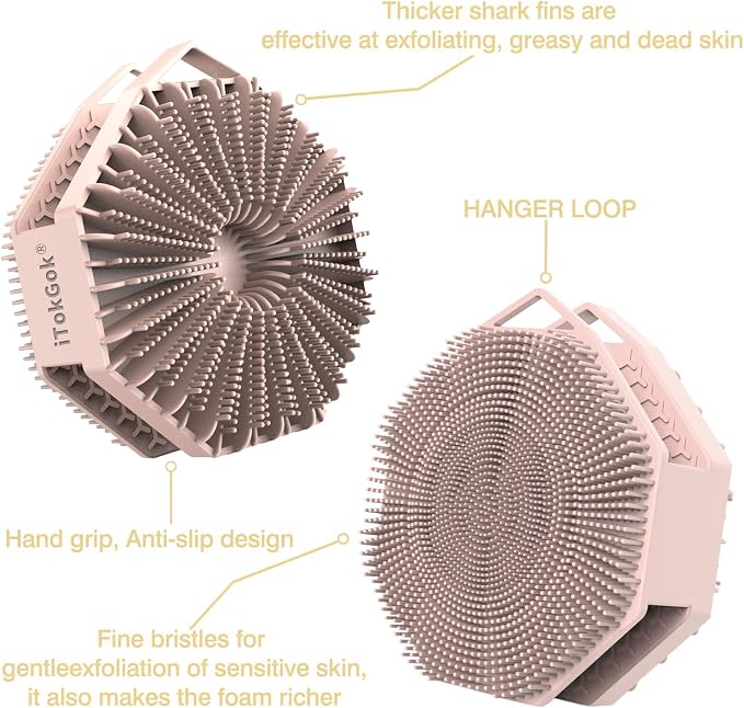 iTokGoK® Silver-Infused 2-in-1 Silicone Body Scrubber, Double-Sided Design Body Brush Scrubber Exfoliating Brushes for Sensitive Skin for Showering for Women Silicone Loofah- Sand Pink