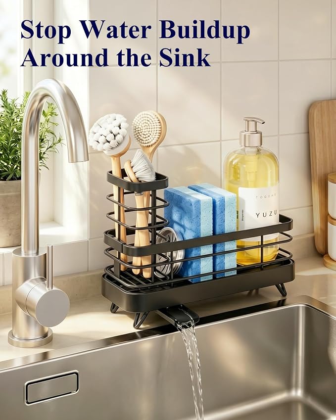 Kitsure Sponge Holder for Kitchen Sink, Self-Draining Sink Caddy, Sink Organizer with Rotating Drain Spout and Movable Brush Holder for Narrow Countertops (Black, 7.9" x 3.5" x 6.0")