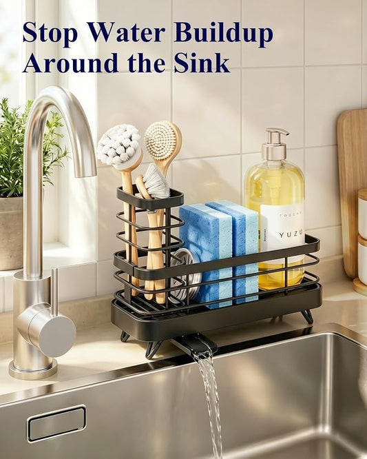 Kitsure Sponge Holder for Kitchen Sink, Self-Draining Sink Caddy, Sink Organizer with Rotating Drain Spout and Movable Brush Holder for Narrow Countertops (Black, 7.9" x 3.5" x 6.0")