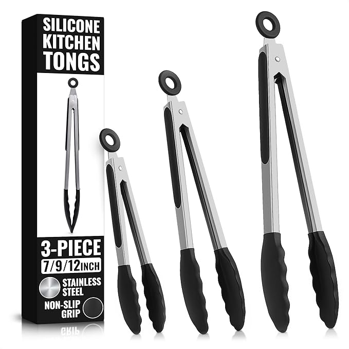 Kitchen Tongs Set of 3-7/9/12" Silicone Tipped Tongs for Cooking with Stainless Steel Build for Heat Resistant Handling, Non Stick & Easy-Lock Storage – Versatile Set for Meat Flipping & Salad Prep