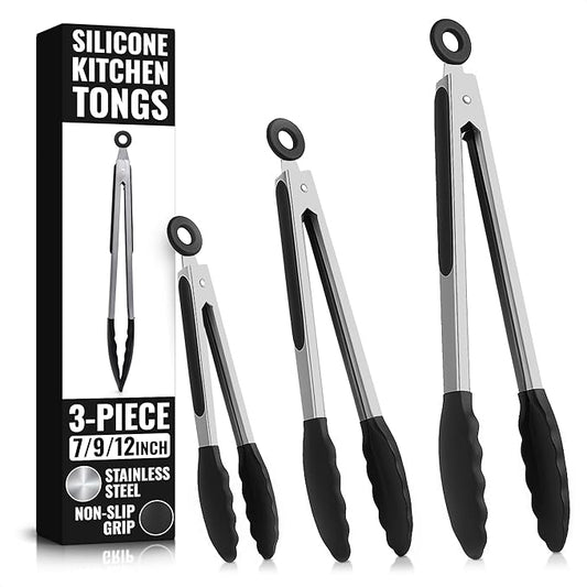 Kitchen Tongs Set of 3-7/9/12" Silicone Tipped Tongs for Cooking with Stainless Steel Build for Heat Resistant Handling, Non Stick & Easy-Lock Storage – Versatile Set for Meat Flipping & Salad Prep