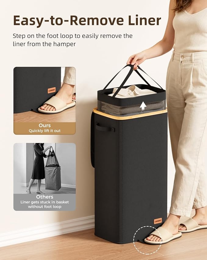 100L Laundry Hamper with Lid, Large Clothes Hamper, Black | Elegant bamboo appearance, Foot Loop, Removable Bag Easy to Lift and Carry, Bathroom, Bedroom, Laundry Room, Dorm