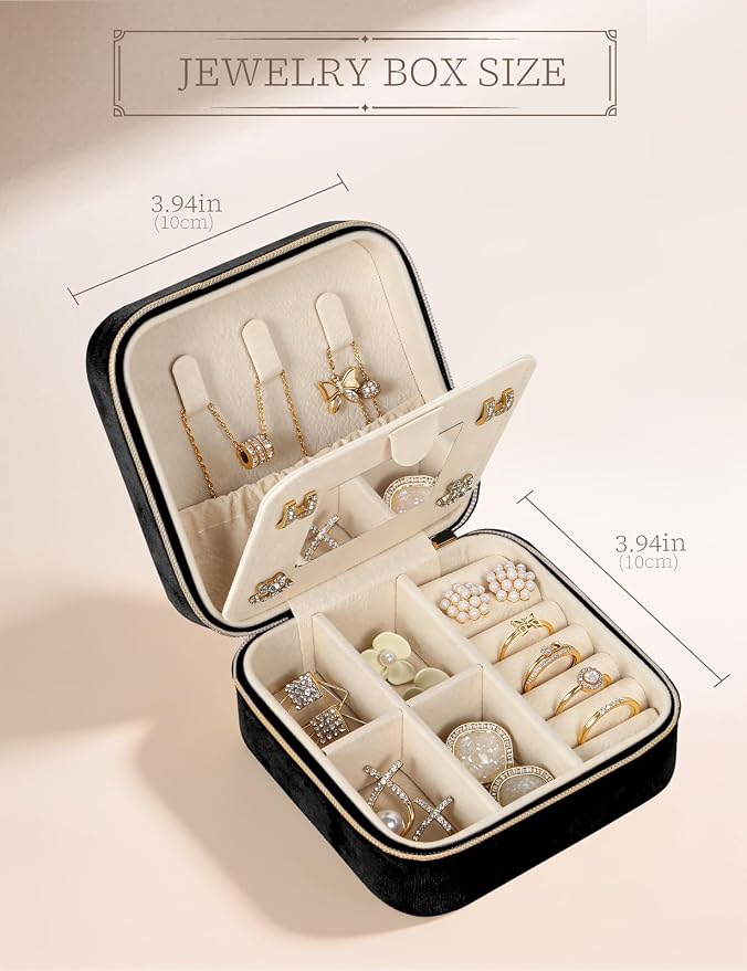 MFXIP Plush Velvet Travel Jewelry Case Small Jewelry Box Jewelry Organizer Storage Case Portable Jewelry Travel Case for Girls Womens Earring, Necklace, Rings,Bracelets with Mirror