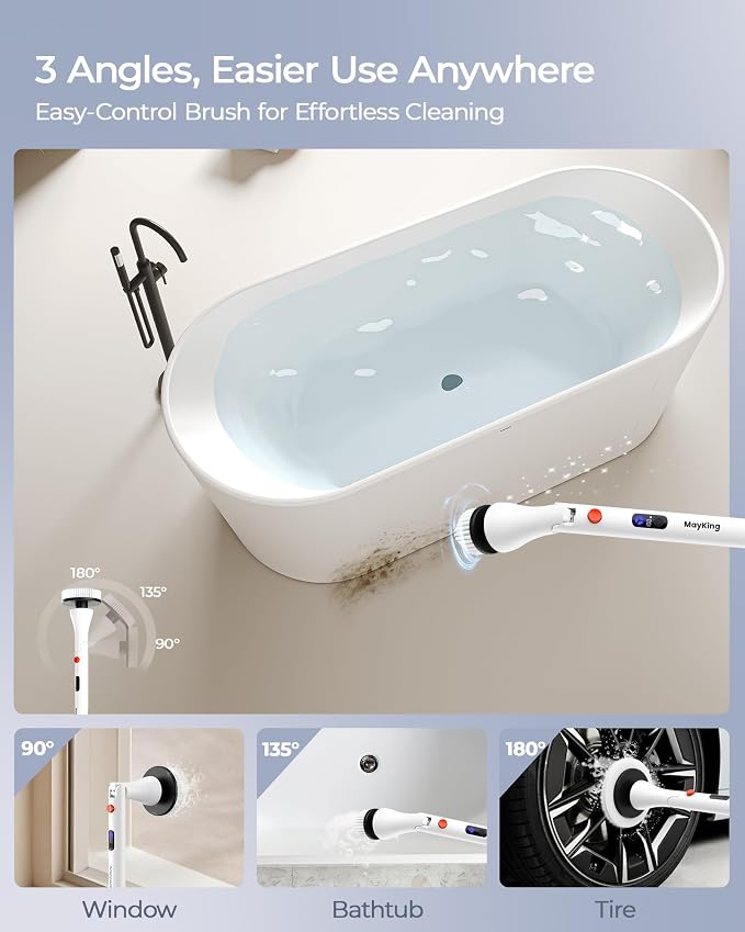 MayKing Electric Spin Scrubber with 9 Brush Heads, IPX7, Model White | 3-Angle & 4-Length Adjustable Cordless Power Scrubber, 3-Speed & Battery LED Display, for Bathroom, Tub, Floor & Tiles