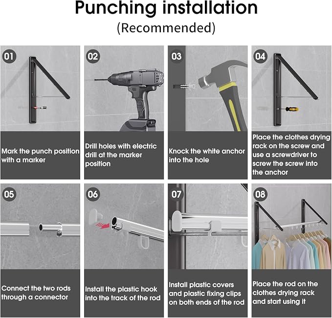 Folding Clothes Hanger Rack Wall mounted for Laundry Clothes Drying Rack | Foldable Hanger Rack Laundry Hanger Dryer Rack, Easy to Install, Closet Storage Organization, Space Saving Black, 2 pcs &1Rod