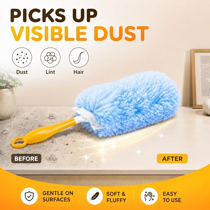 Duster Refills Compatible with Swiffer Duster Handles, 20 Count, 1 Handle | Heavy Duty Fluffy Microfiber,Disposable Dusting Pads for Cleaning Blinds, Fans, Furniture, Shelves, Unscented