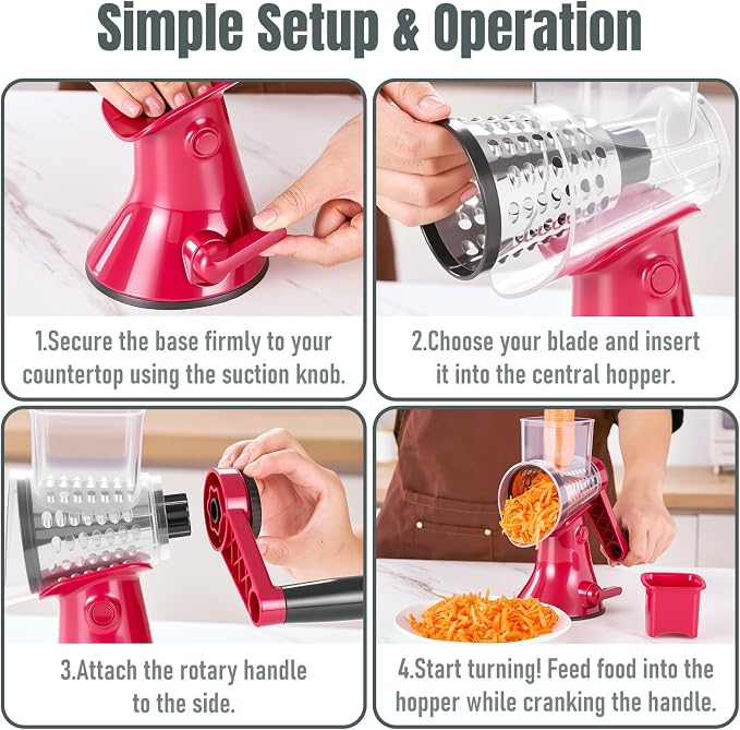 KYZ Rotary Cheese Grater - 12X Faster Hand Crank Vegetable Slicer with 3 Premium Stainless Steel Blades, Strong Suction Base, Dishwasher Safe Food Shredder for Cheese, Vegetables, Nuts, Chocolate