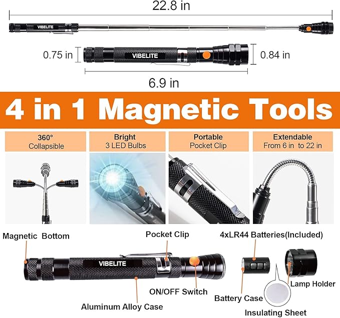 VIBELITE Magnetic Pickup Tool & 6 in 1 Multitool Pen, 2 Pack | Touch Screen Stylus, Rulers, Bubble Level, Flathead & Phillips Screwdriver, Ballpoint Pen
