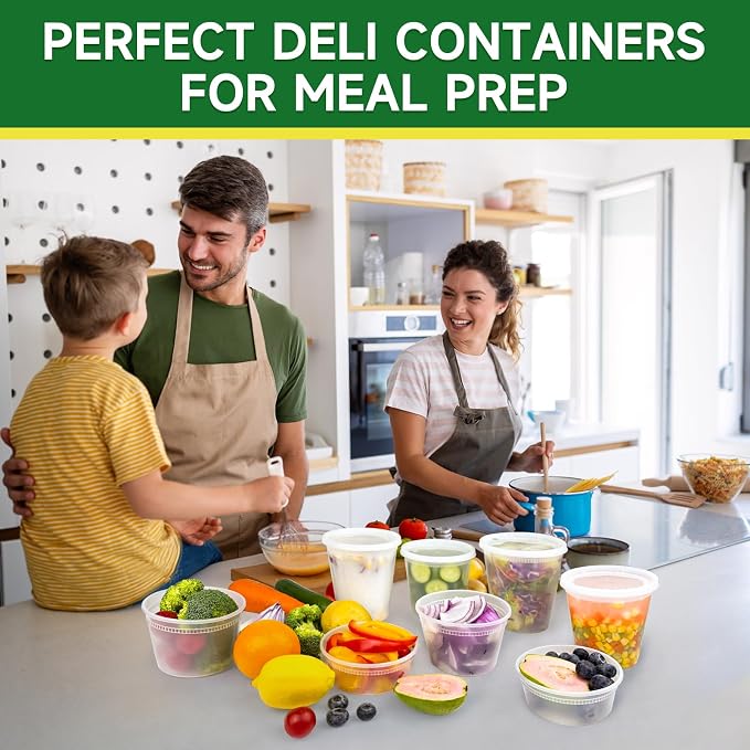 Dealusy 60 Set Deli Containers with Lids, 32/16/8 oz X 20 Set Each Leak-Proof BPA Free Plastic Take Out Bowls, Food Storage Containers for Meal Prep Storage, Freezer, Microwave & Dishwasher Safe