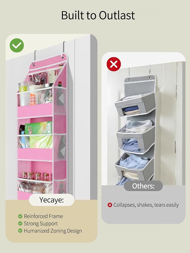 Yecaye 5 Tier Over the Door Organizer, Swing-proof Door Organizer Hanging with Clear PVC Windows, Behind the Door Storage for Bedroom Nursery Closet Laundry Pantry Bathroom, Pink