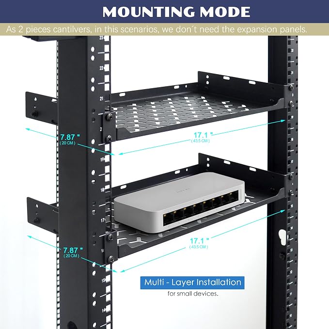 1U Rack Shelves (2-Pack), 2 PCS 8" Deep Cantilever, with Optional Joints to Combine as One Full Size Server Rack Shelf