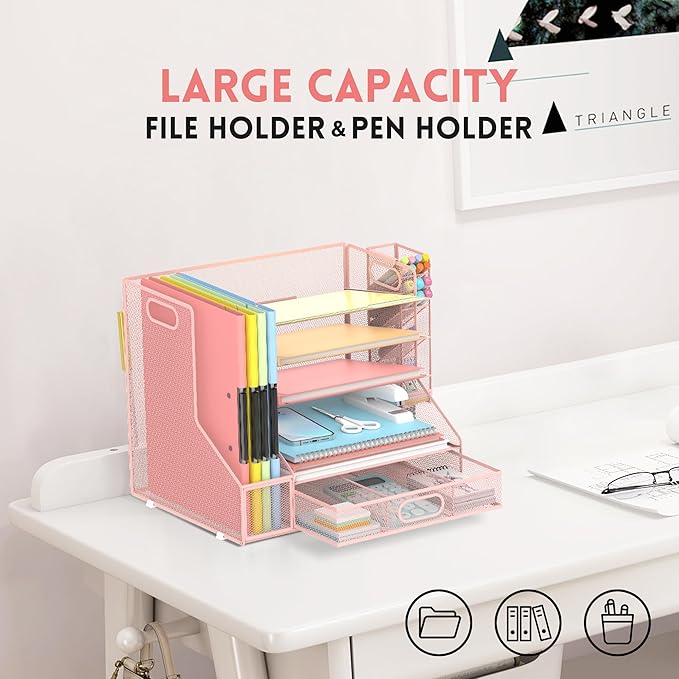 5-Tier Desk Organizer with File Holder & Pen Holder & Sliding Drawer, Pink | Mesh Metal Paper Letter Tray for Papers, Mail, Office Supplies, and Desk Accessories