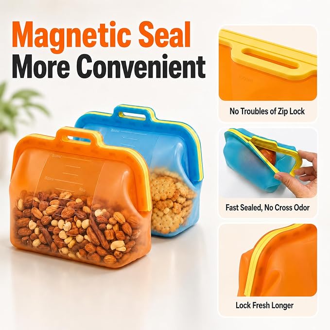 Magnetic Fast Seal Reusable Storage Bags, NUZEAK Silicone Reusable Food Storage Bags, Stand Up Silicone Freezer Bags for Food, Fruit, Snack, Sandwich, Meal Prep, Dishwasher Safe, 68oz, 1 Pack