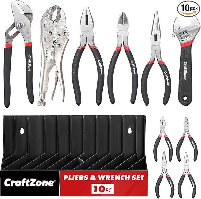 10PC Pliers and Wrench Set with Storage Rack – Includes Channel Lock | Long Needle Nose | Diagonal Cutter | Groove Joint | Linesman & Mini Plier, Carbon Steel Tool Kit for DIY and Home a Gift for Man