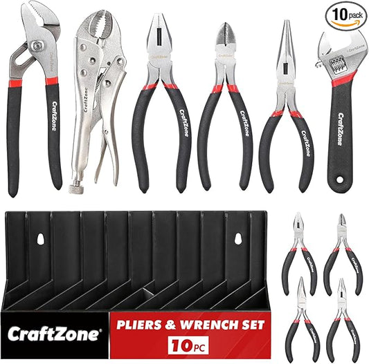 10PC Pliers and Wrench Set with Storage Rack – Includes Channel Lock | Long Needle Nose | Diagonal Cutter | Groove Joint | Linesman & Mini Plier, Carbon Steel Tool Kit for DIY and Home a Gift for Man