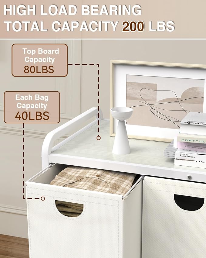 Laundry Hamper 3 Section,Laundry Basket with Wheels,3×15.8 Gal (60L) White | Laundry Room Organization with Wooden Desktop Shelf,Pull-Out and Removable 900D Oxford Fabric Laundry Bags for Laundry Room
