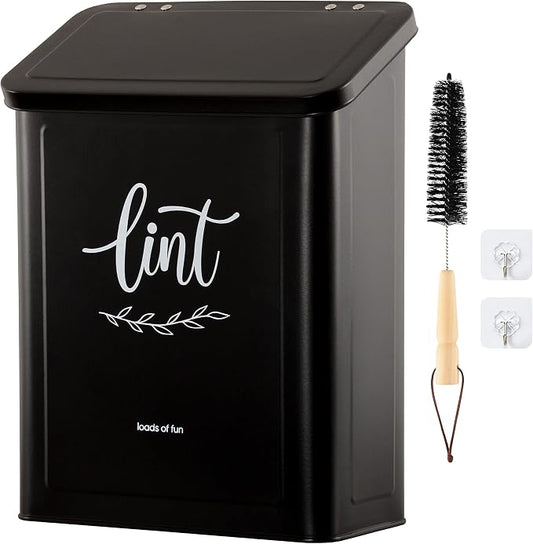 Perfnique Magnetic Lint Bin for Laundry Room with Lint Brush, Wall Mounted Lint Holder Trash can with lid for Dryer, Modern Farmhouse Rustic Metal Laundry Room Storage Organization and Decor(Black)