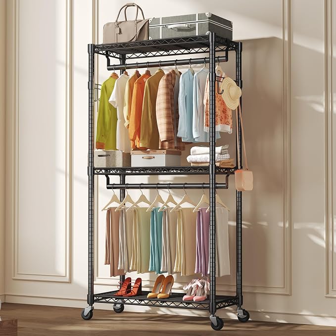 NEWBULIG Heavy Duty Clothing Rack with Wheels, 3-Tier Adjustable Wire Garment Rack, Metal Freestanding Closet Organizer System with Double Hanging Rods & 8 Side Hooks, 35" x 15" x 75", Black