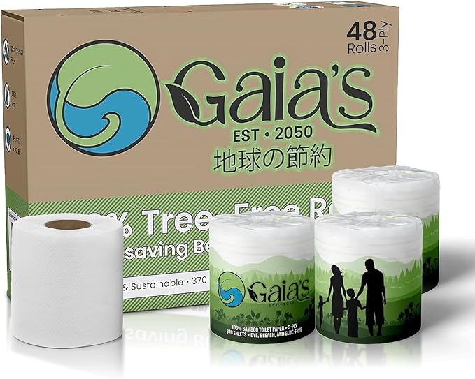 Gaias Premium and Soft Organic Bamboo Toilet Paper | 48 Mega Rolls, 3 Ply, 370 Sheets | FSC Certified, PFAS & BPA Free, Eco-Friendly, Sustainable Tissue - Plastic Free, Septic Safe, Vegan